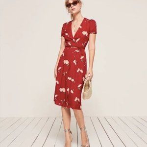 REFORMATION Addy Red Floral Short Sleeve V Neck Wrap Dress XS